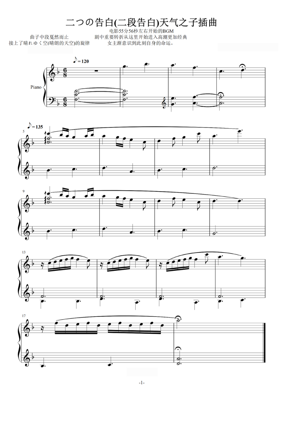 天气之子BGM插曲 二つの告白(二段告白) 天気の子 吴凌云制作钢琴版钢琴谱钢琴简谱 数字谱 钢琴双手简谱_第1页