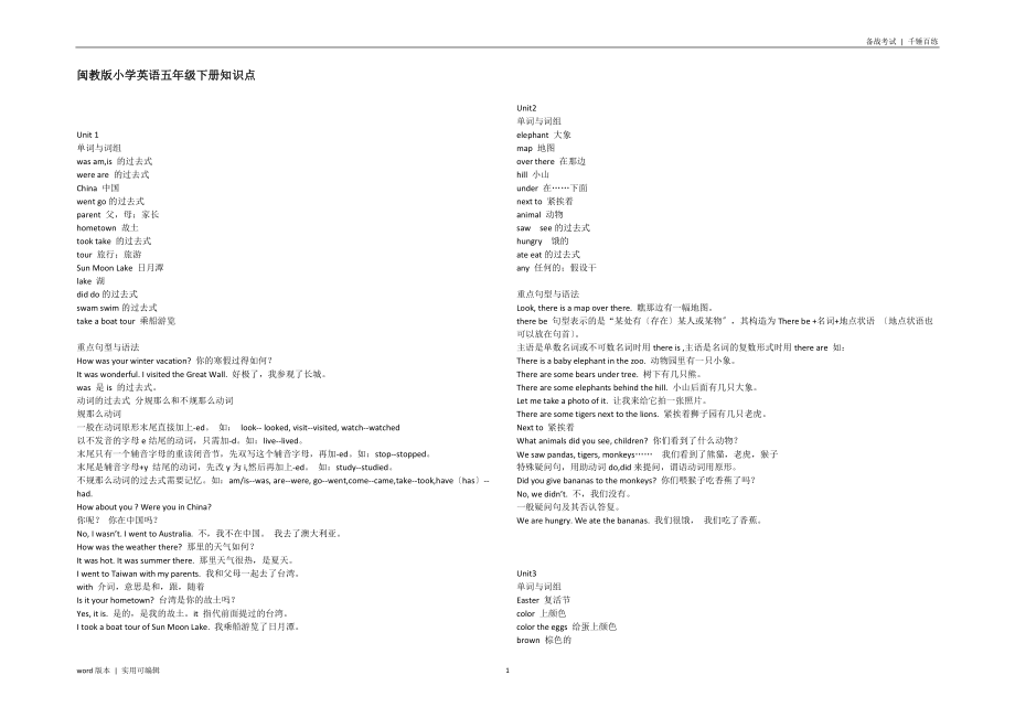 闽教版小学英语五年级下册知识点整理_第1页