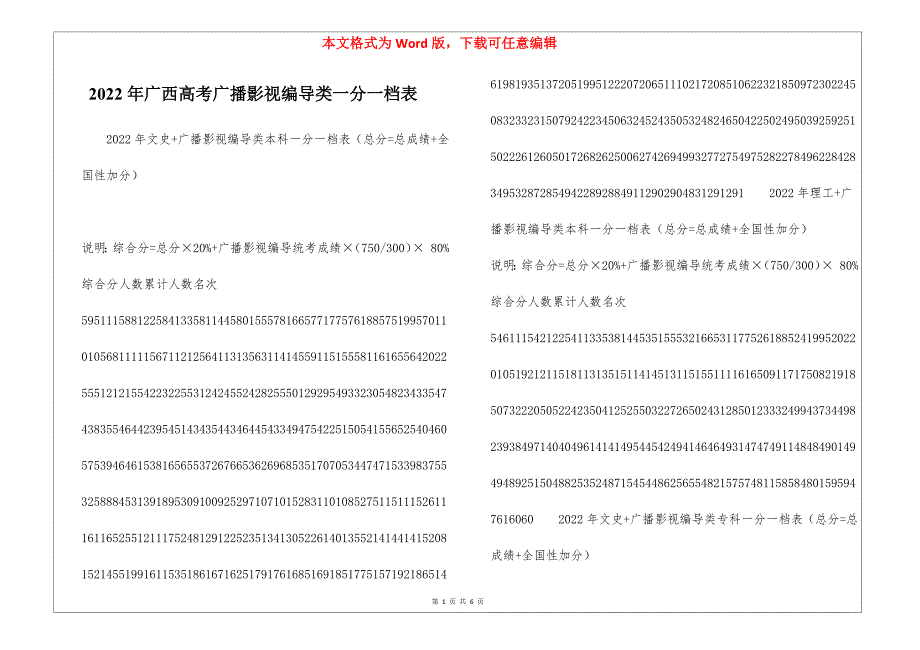 2022年广西高考广播影视编导类一分一档表_第1页