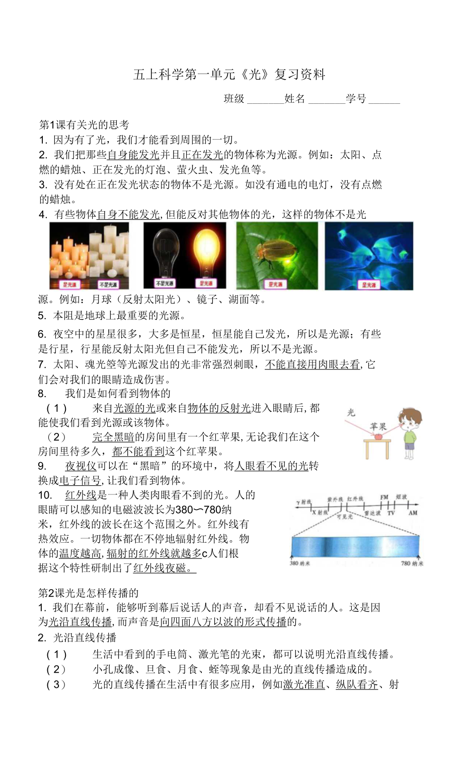 第一单元《光》期末复习知识点（素材）-五年级上册科学_第1页