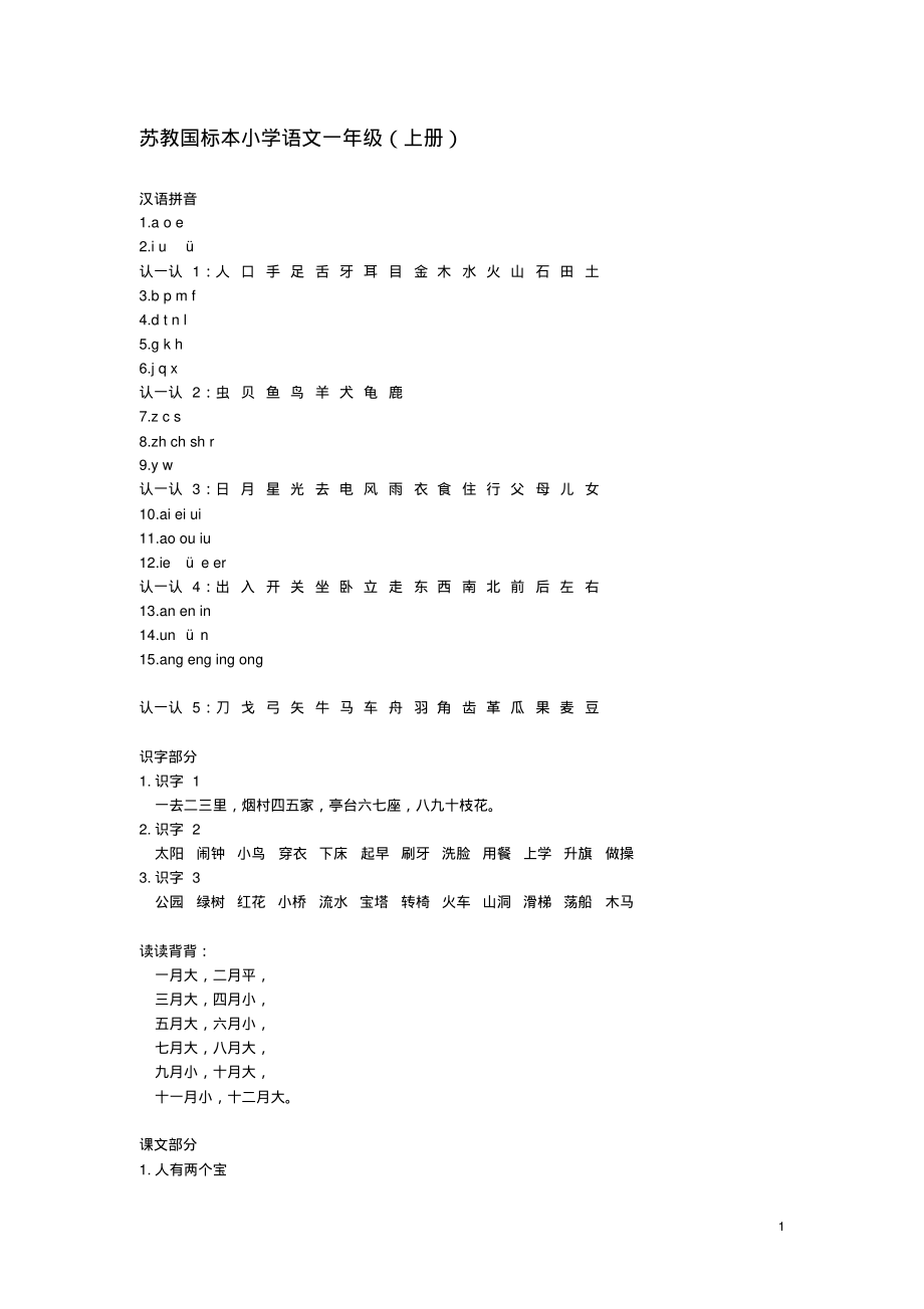 苏教版小学语文一年级知识点(上册)_第1页