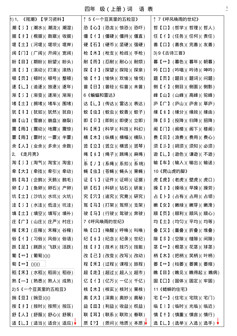 4年级语文上字词表_第1页