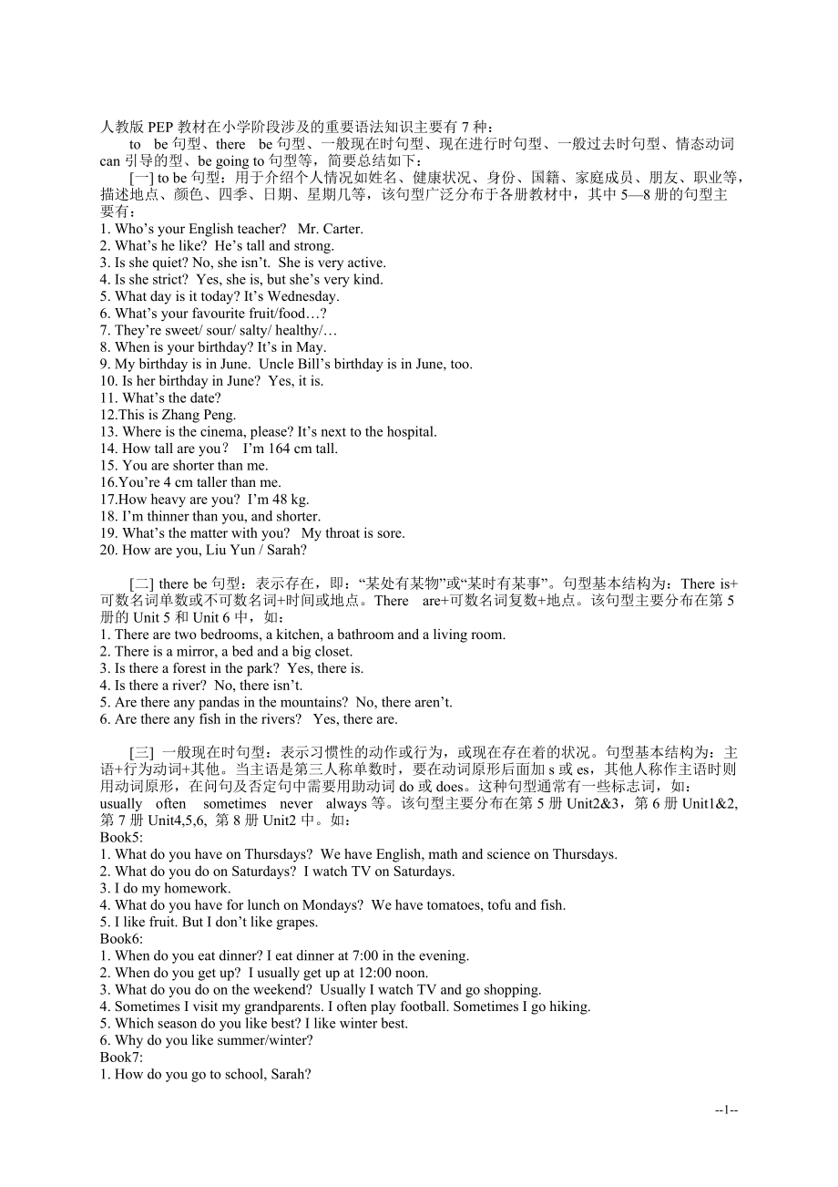《人教(PEP)六年级英语下册重点句型语法总结》_第1页