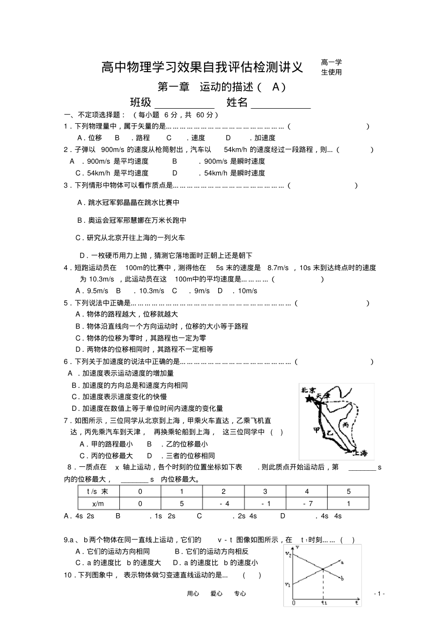高中物理课堂导学训练第一单自我评估检测A新人教版必修1_第1页