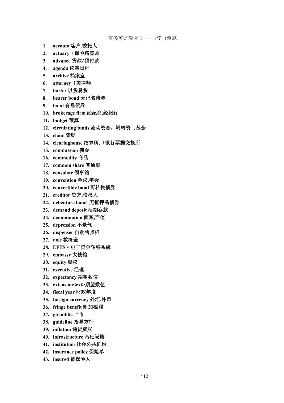 自学考试专科商务英语阅读词汇总结_第1页