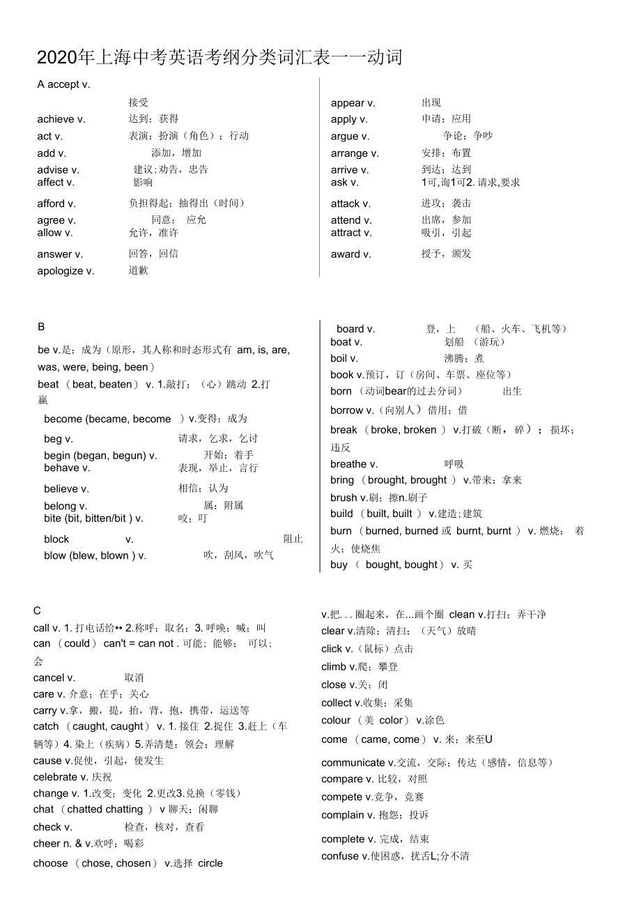 上海中考英语考纲词汇分类表(动词)_第1页