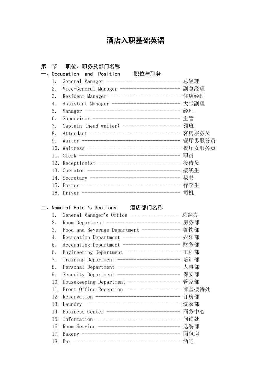 酒店员工入职基础英语资料_第1页