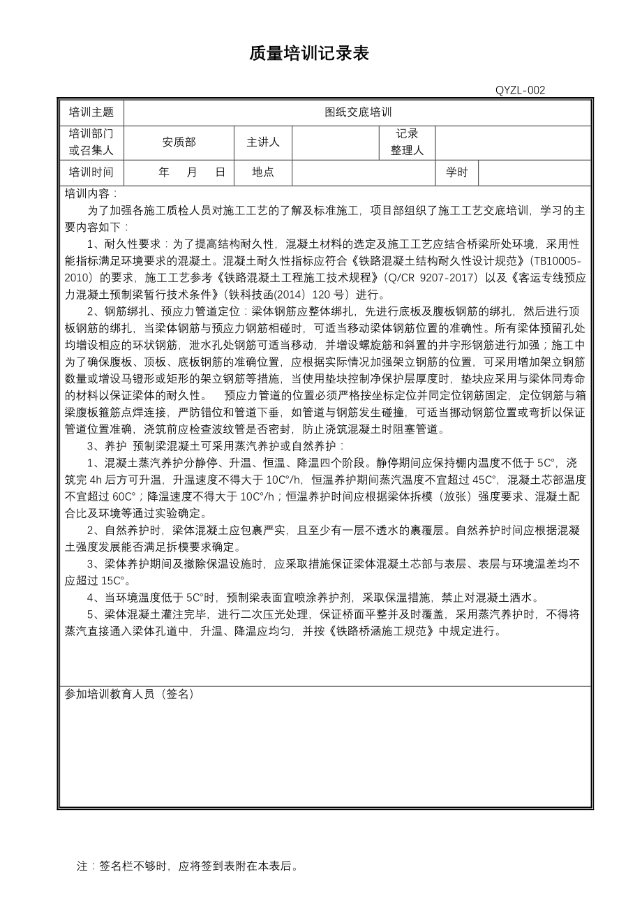 质量培训记录表(施工项目)_第1页