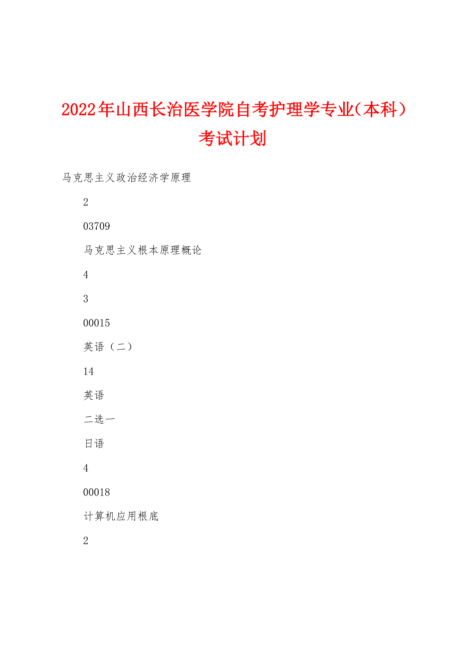 2022年山西长治医学院自考护理学专业（本科）考试计划_第1页