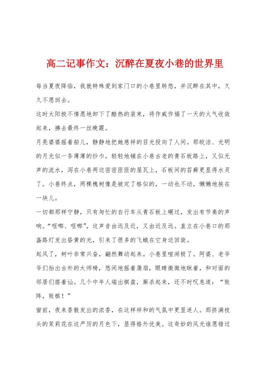 高二记事作文：沉醉在夏夜小巷的世界里_第1页