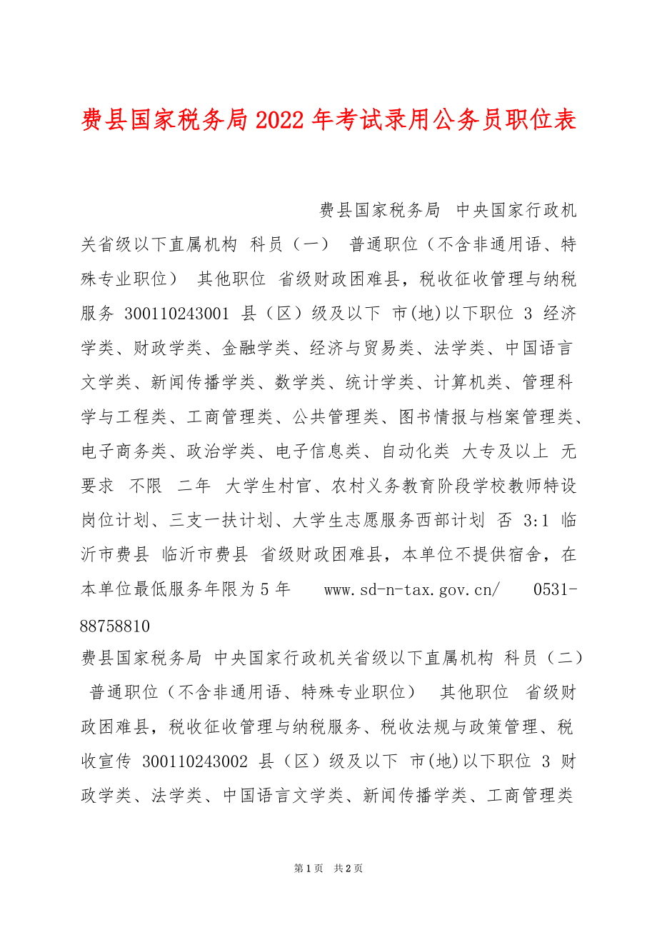 费县国家税务局2022年考试录用公务员职位表_第1页