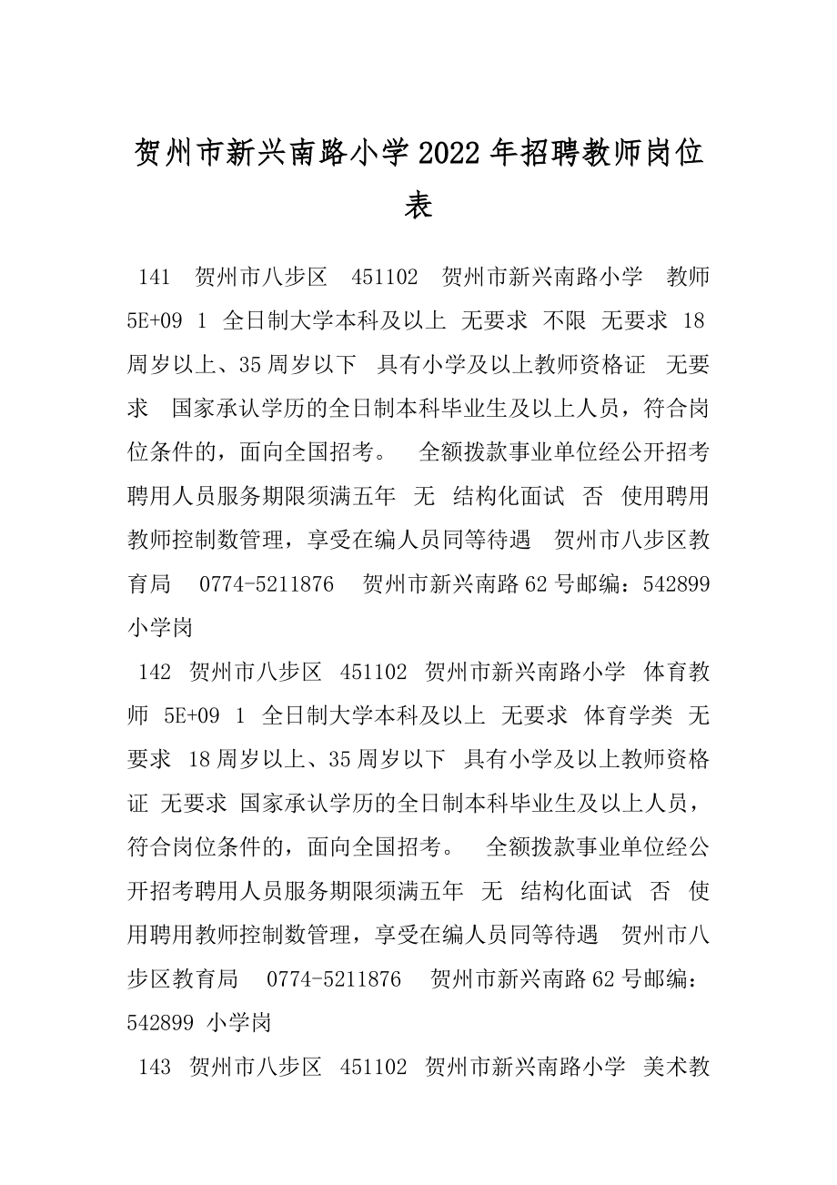 贺州市新兴南路小学2022年招聘教师岗位表_第1页