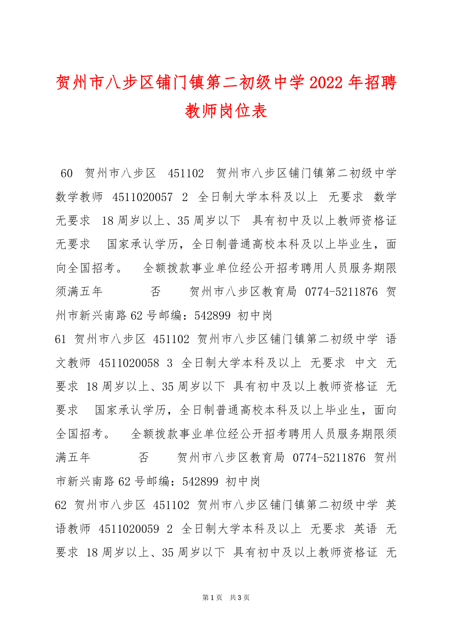 贺州市八步区铺门镇第二初级中学2022年招聘教师岗位表_第1页