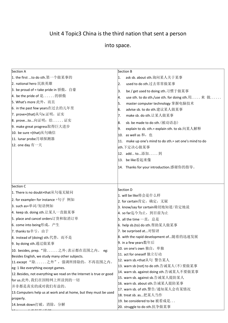 【归纳】Unit 4 Topic 3短语句型 仁爱版英语九年级上册_第1页
