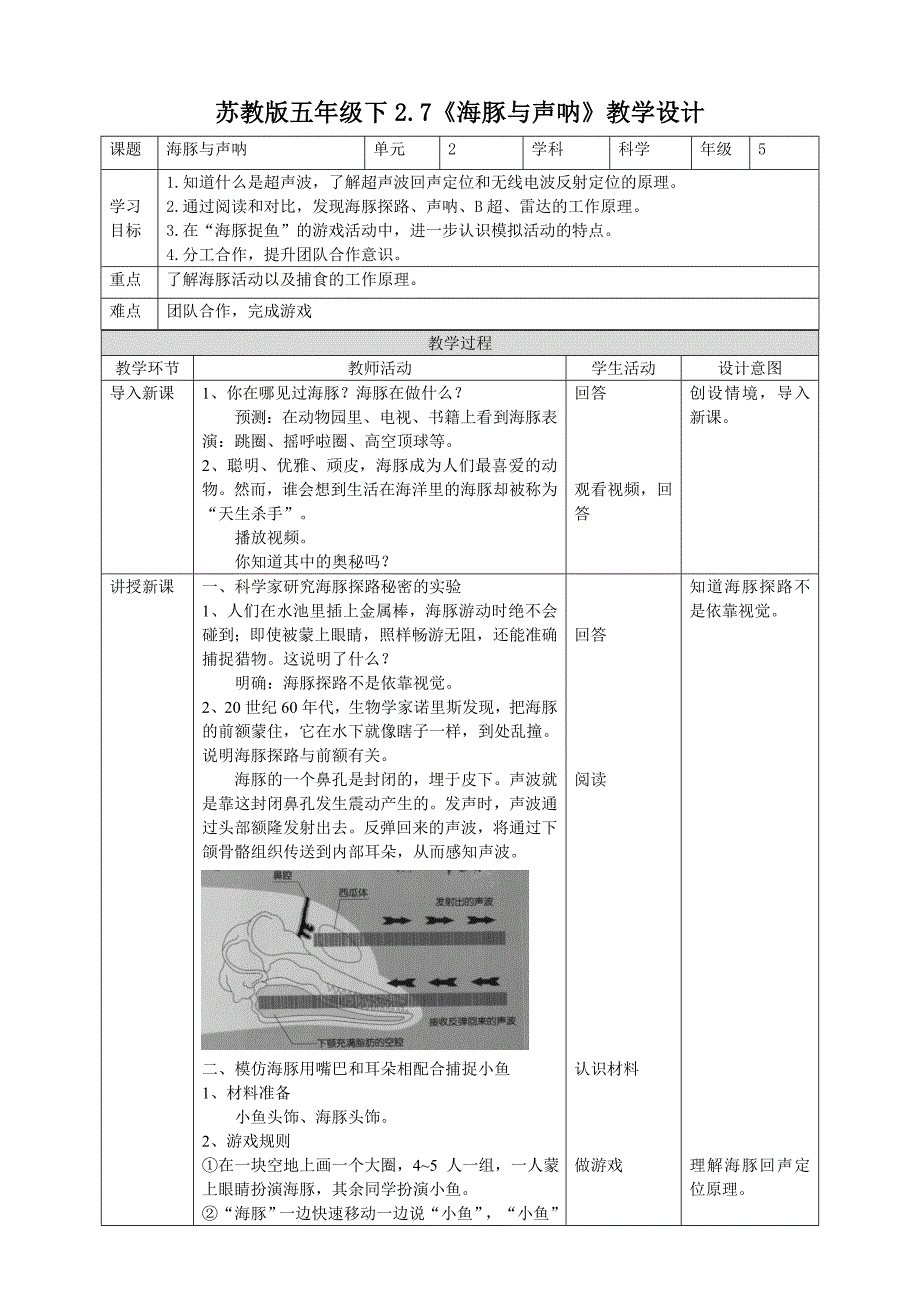 新苏教版五年级科学下2.7《海豚与声呐》表格式教案_第1页