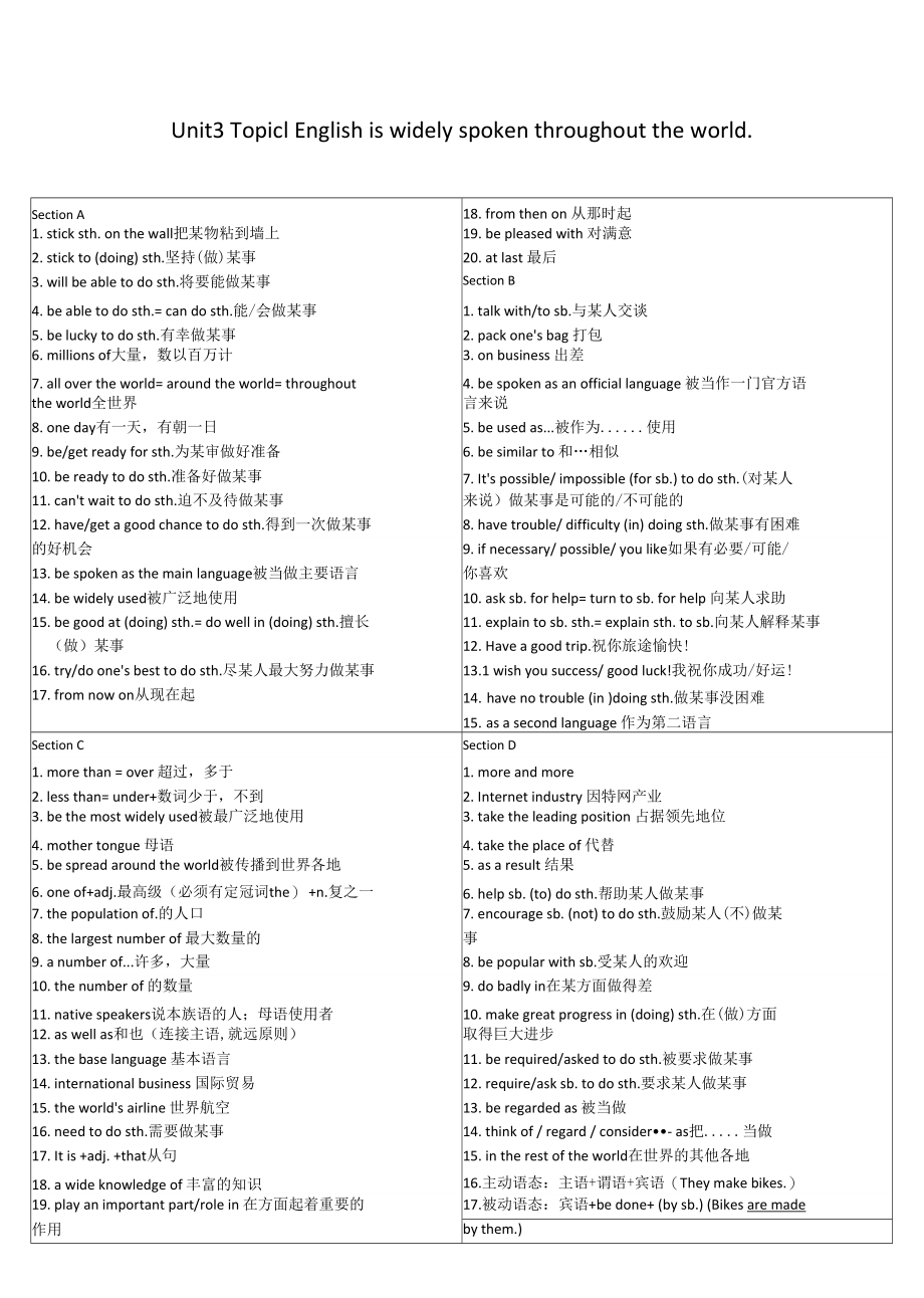 【归纳】Unit 3 Topic 1 短语句型 仁爱版英语九年级上册_第1页