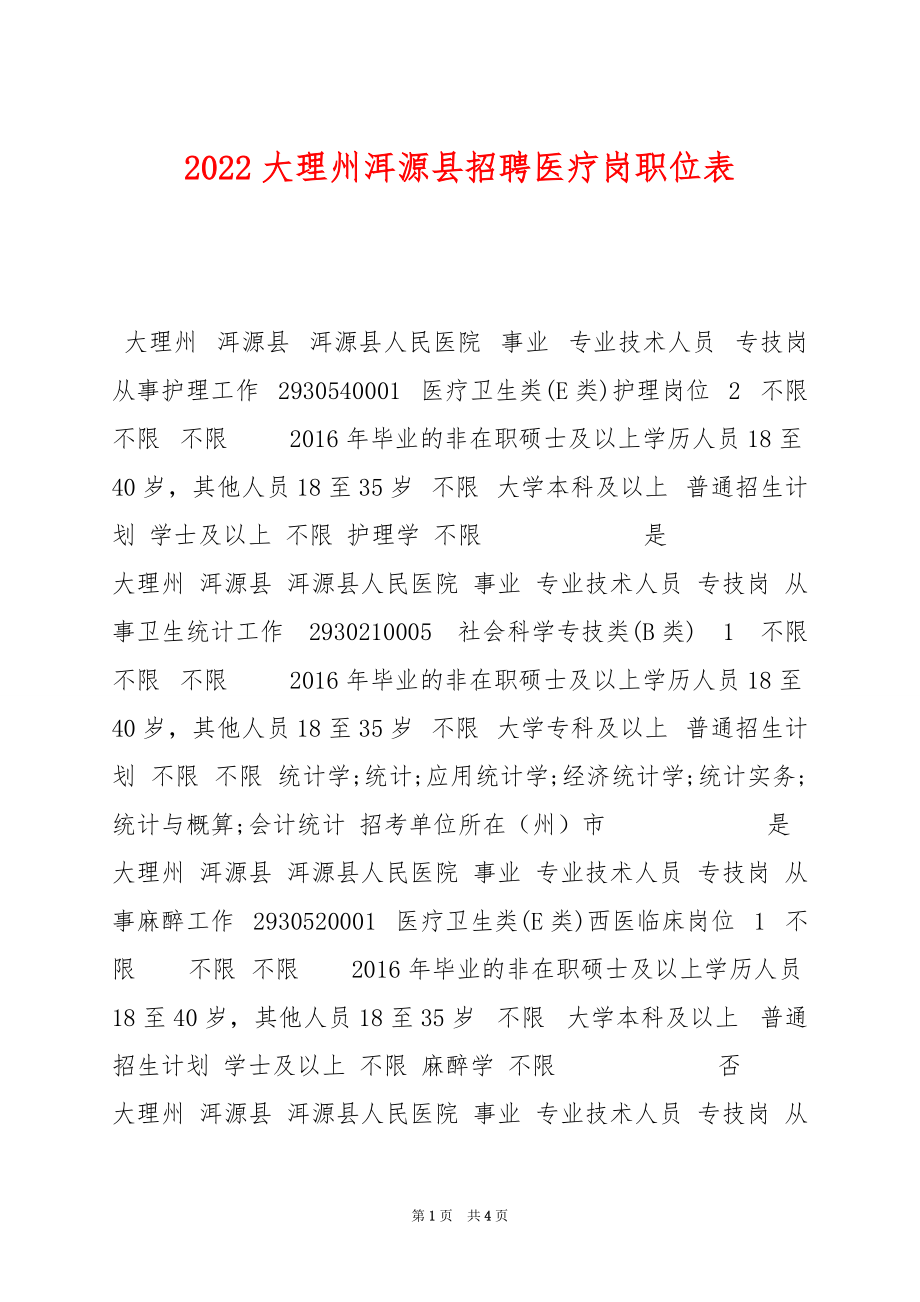 2022大理州洱源县招聘医疗岗职位表_第1页