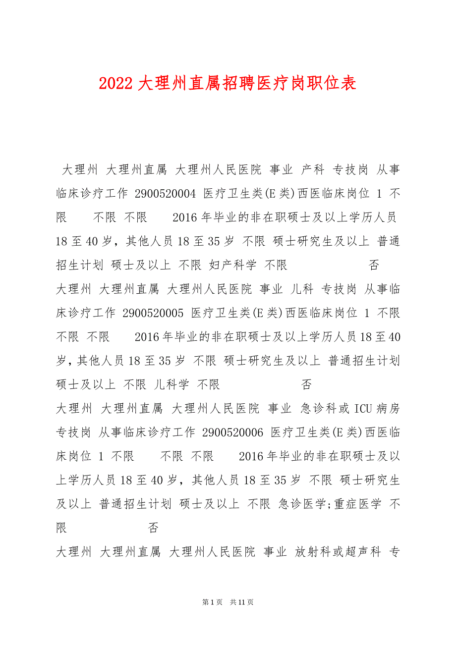 2022大理州直属招聘医疗岗职位表_第1页