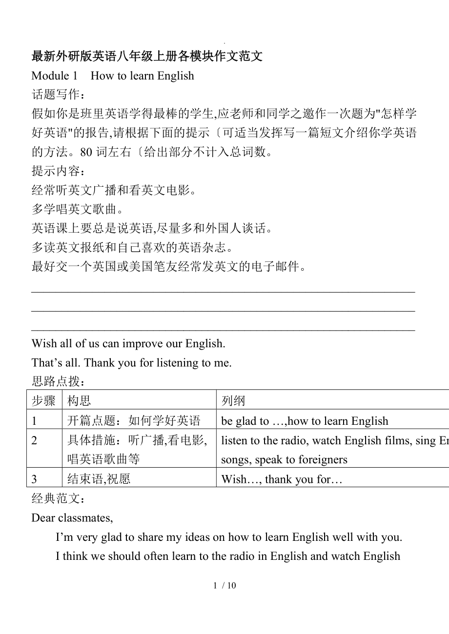 最新外研版英语八年级（上册)各模块作文范文_第1页