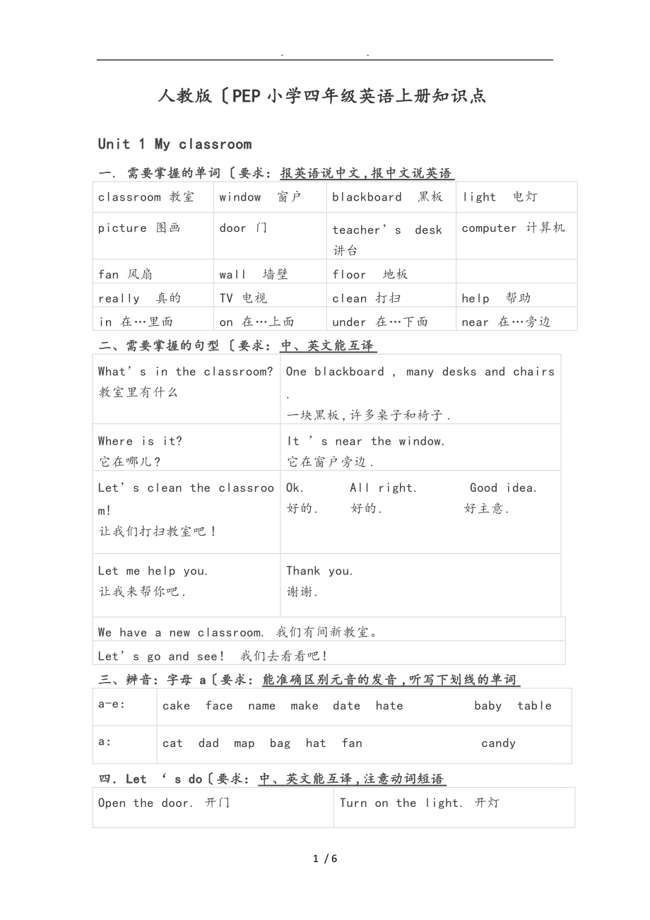 人版(PEP)小学四年级英语（上册）知识点汇总_第1页