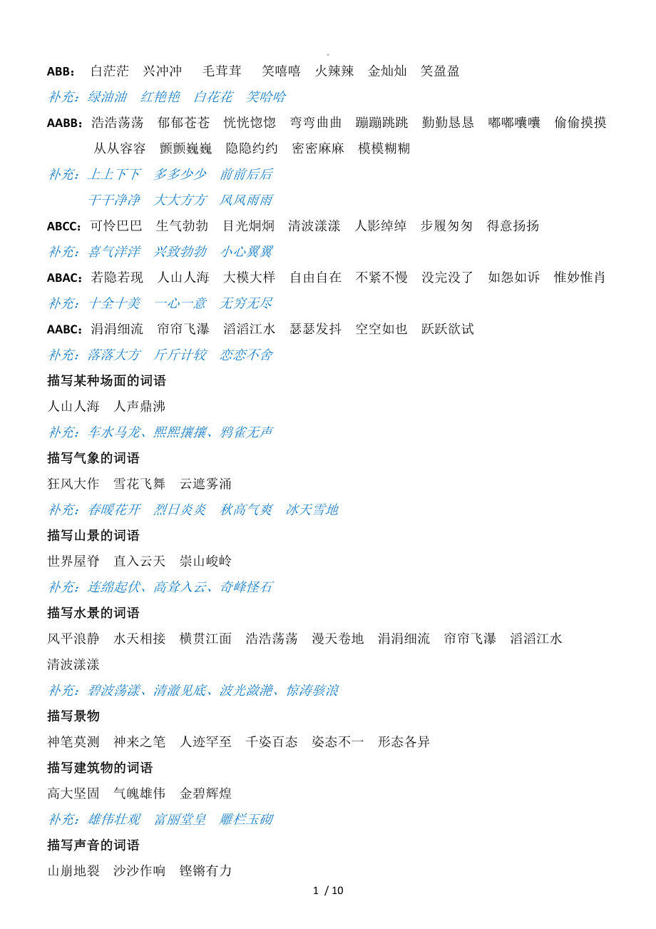 人版四年级[上册]语文_四字词语分类_第1页