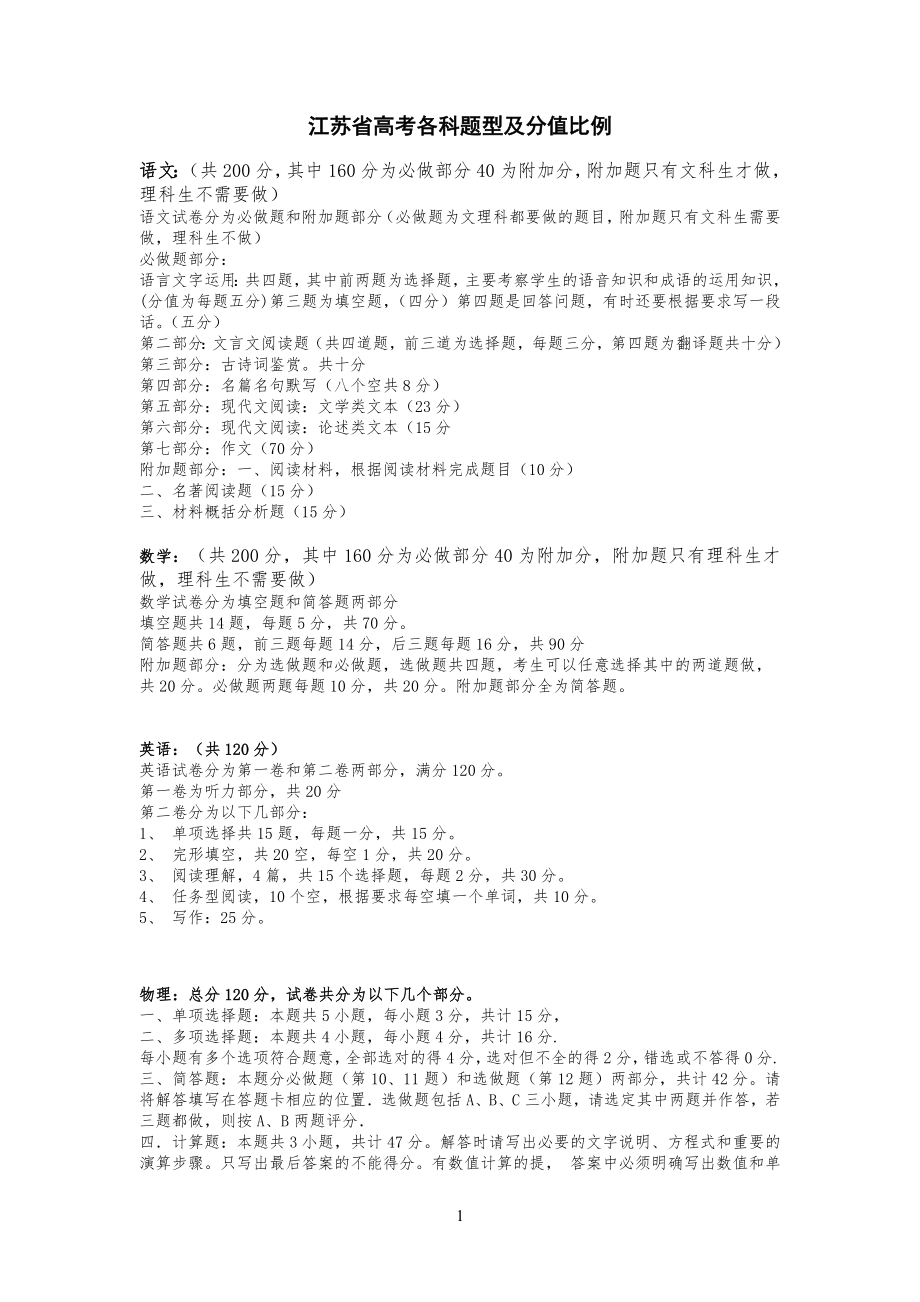 江苏高考各科试卷习题型及分值比例_第1页