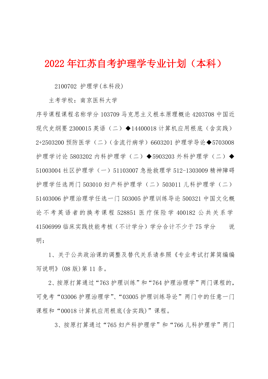 2022年江苏自考护理学专业计划（本科）_第1页