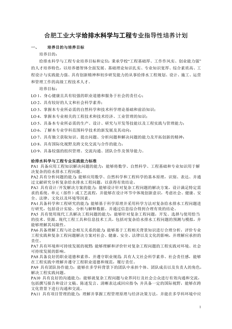 合肥工业大学给排水科学与工程专业指导性培养计划_第1页