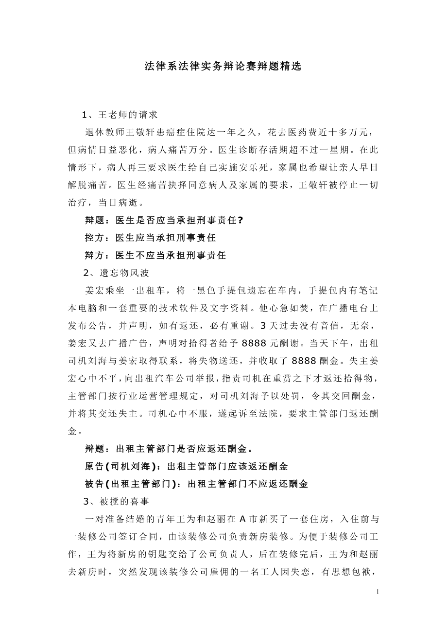 法律系法律实务辩论赛辩题精选_第1页