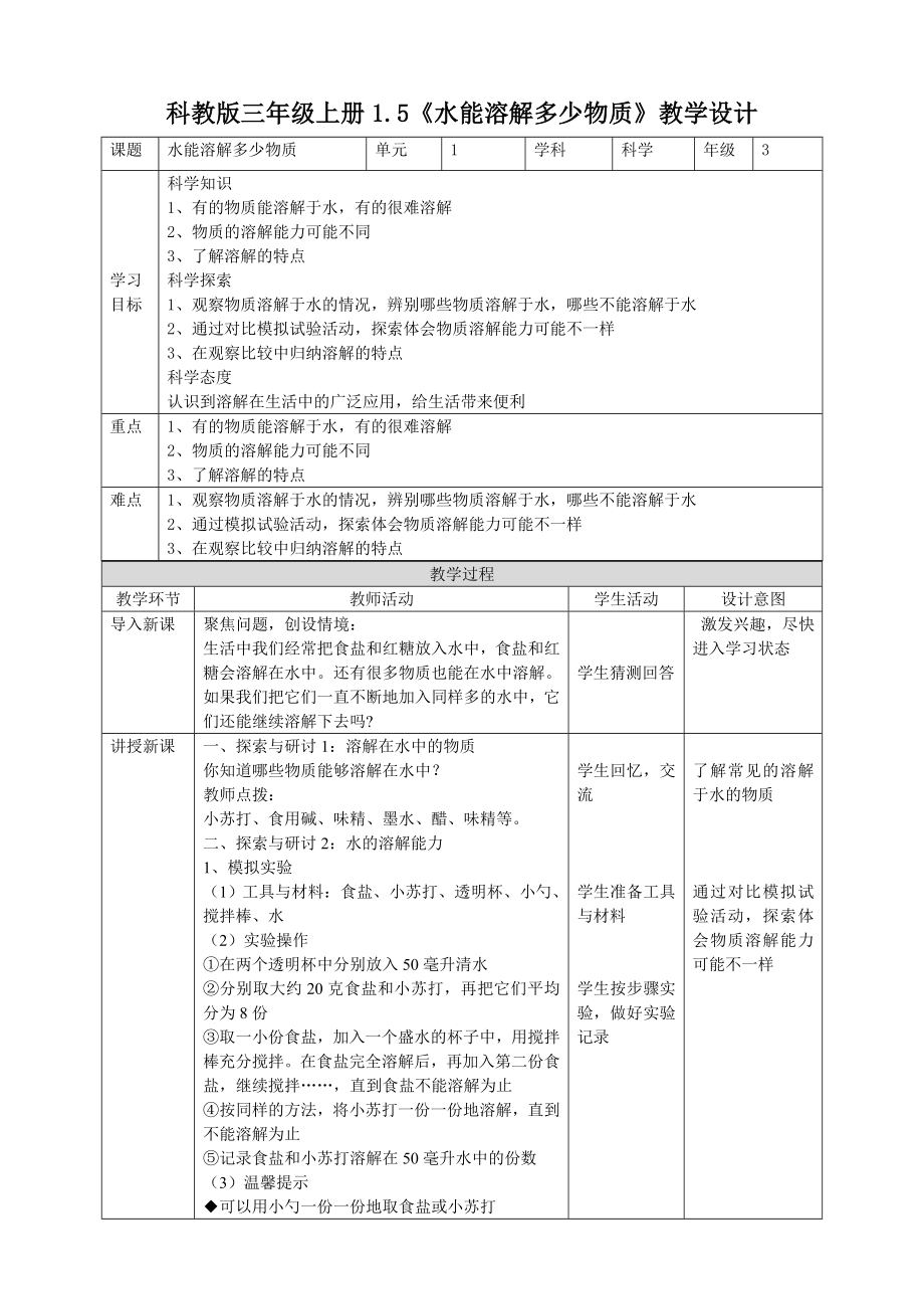 科教版小学科学1.5《水能溶解多少物质》教案_第1页