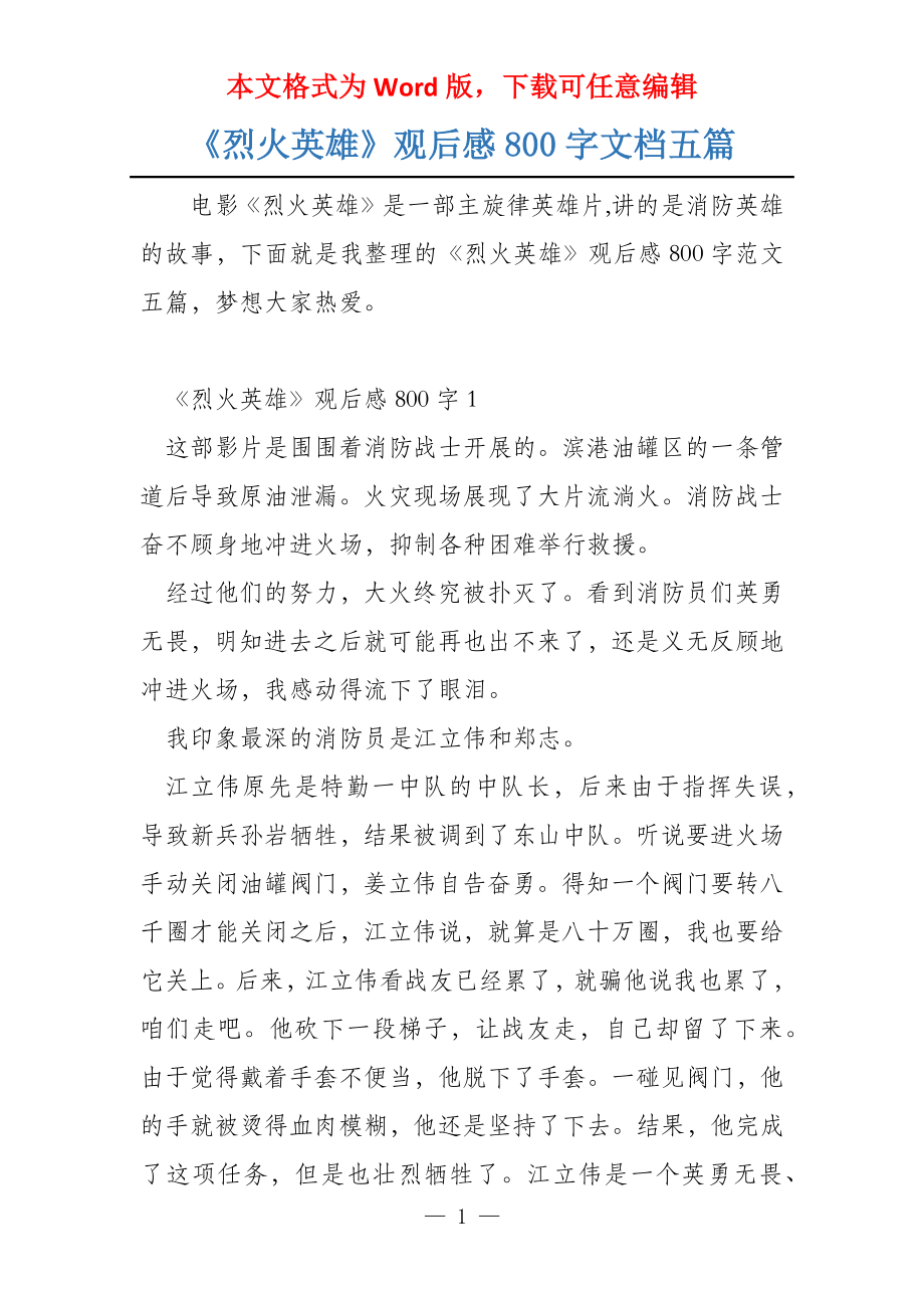 《烈火英雄》观后感800字文档五篇_第1页