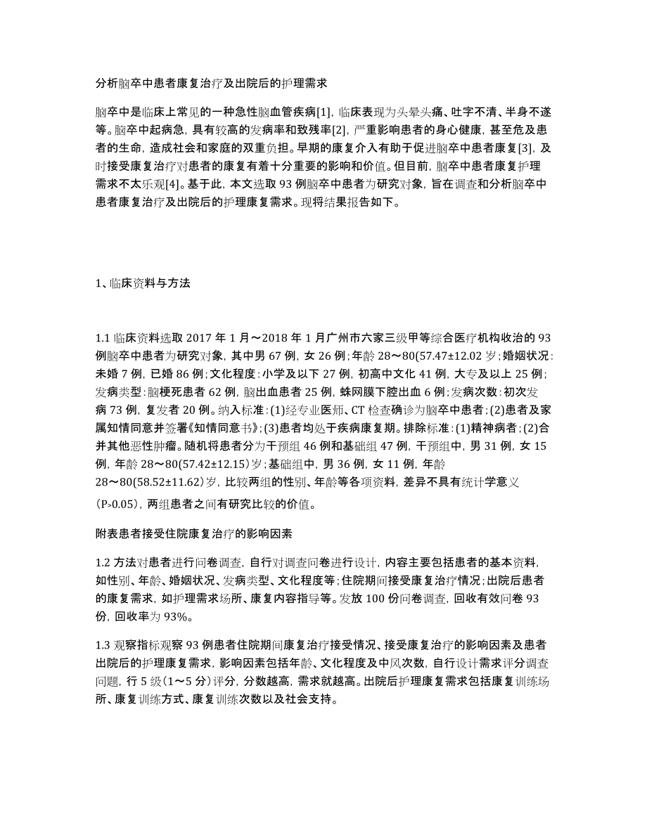 分析脑卒中患者康复治疗及出院后的护理需求_第1页