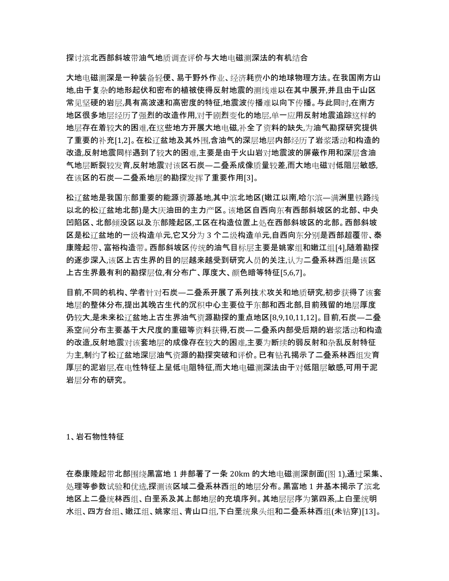 探讨滨北西部斜坡带油气地质调查评价与大地电磁测深法的有机结合_第1页