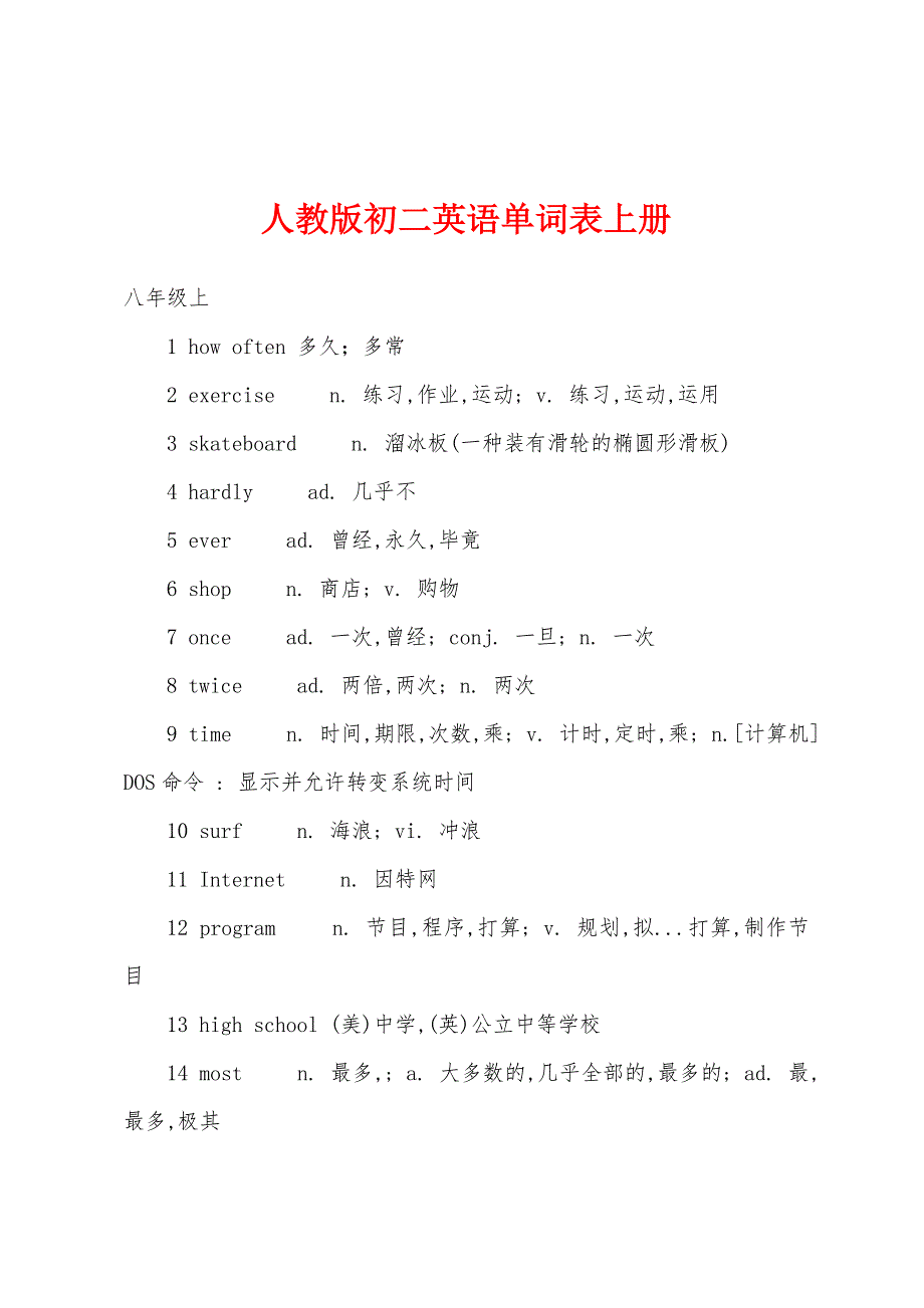 人教版初二英语单词表上册_第1页