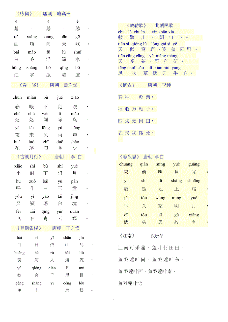 小学一年级古诗50首(全)修正版_第1页