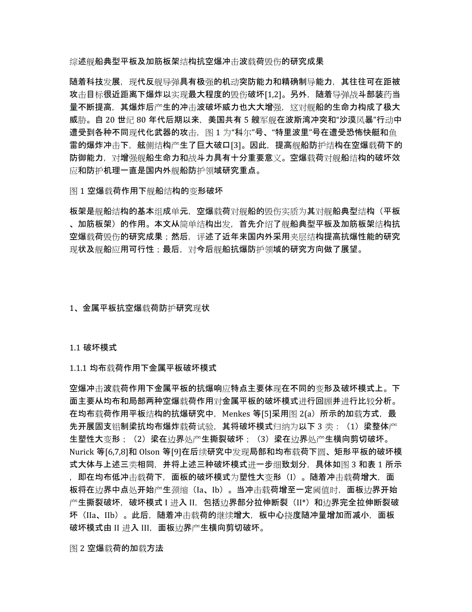 综述舰船典型平板及加筋板架结构抗空爆冲击波载荷毁伤的研究成果_第1页