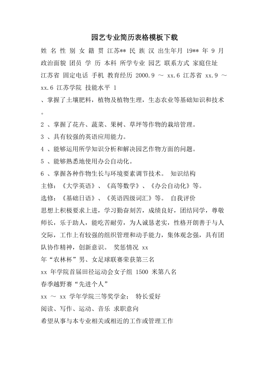 园艺专业简历表格模板下载_第1页