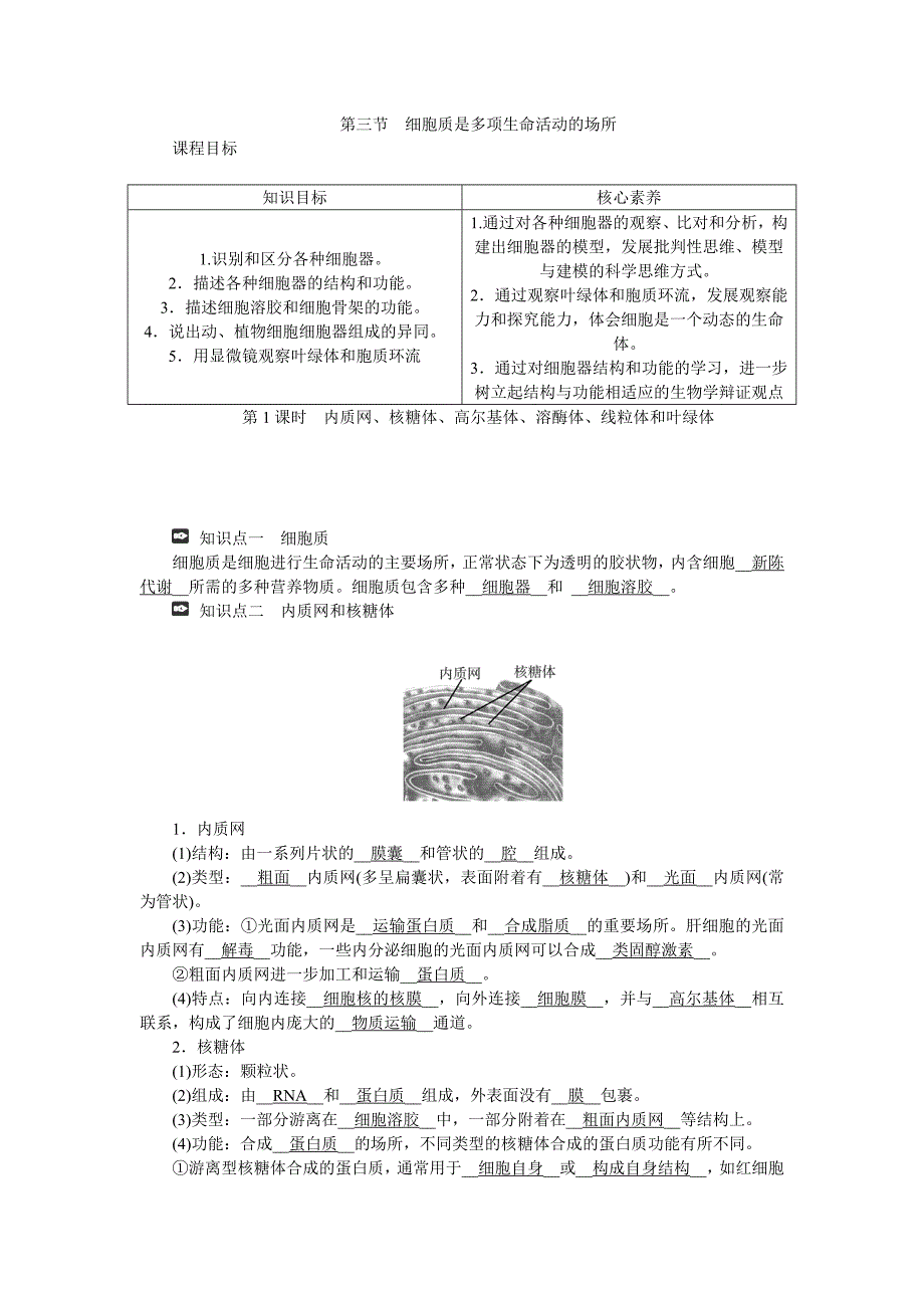 高一生物浙科版必修章册学案章节第1课时内质网、核糖体、高尔基体、溶酶体、线粒体和叶绿体-含答案_第1页