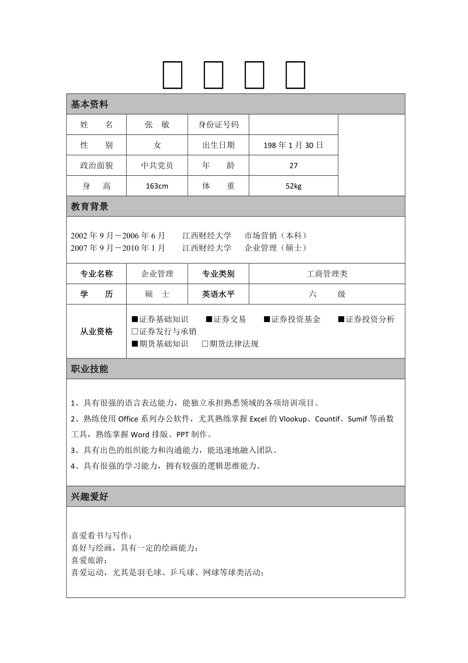 招商证券个人简历—张敏_第1页