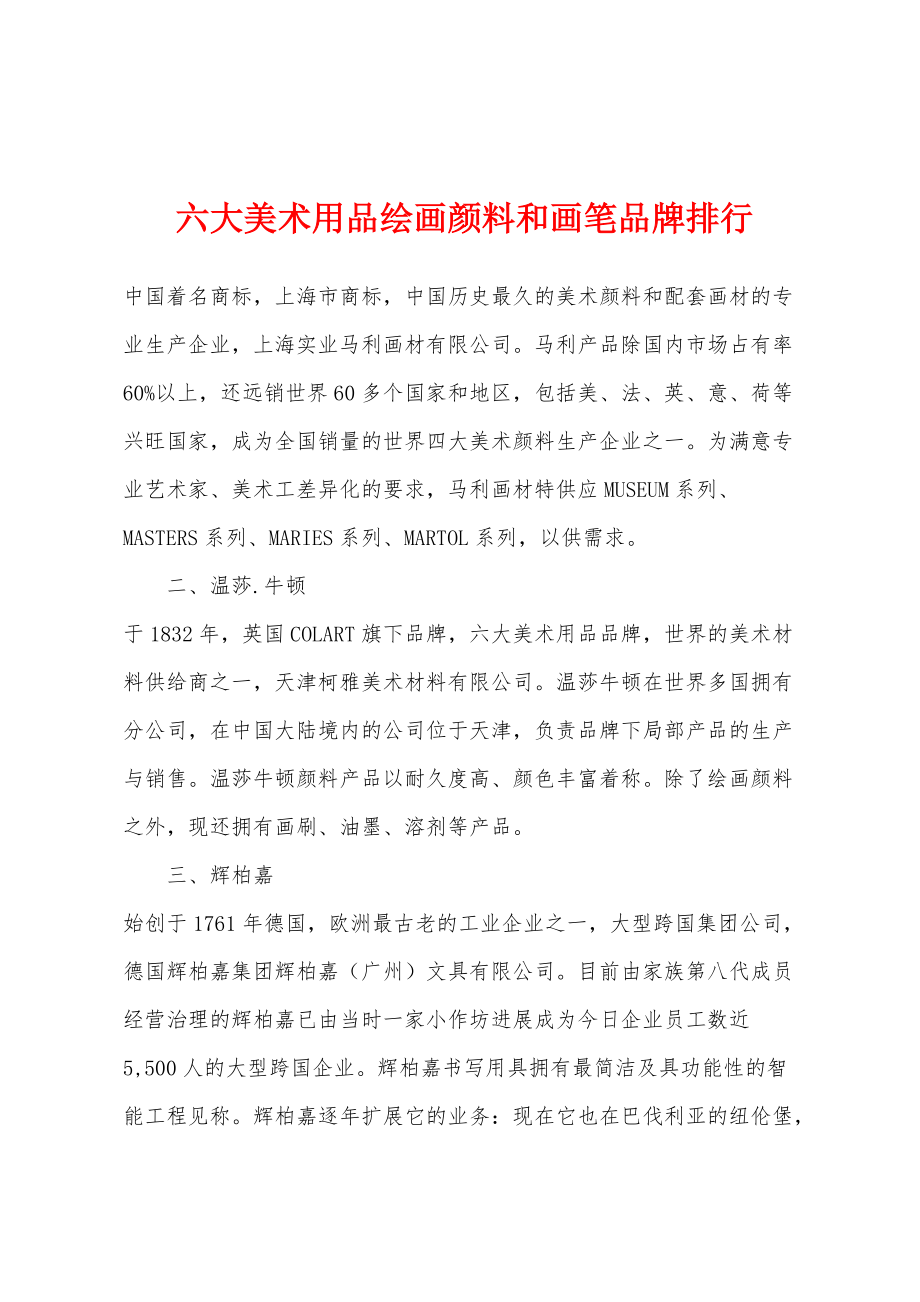 六大美术用品绘画颜料和画笔品牌排行_第1页