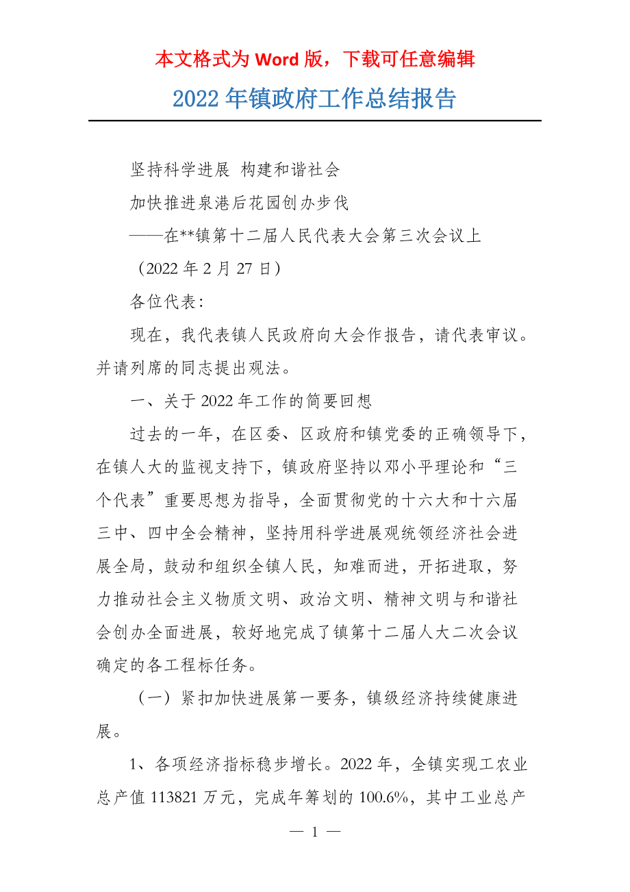 2022年镇政府工作总结报告_第1页