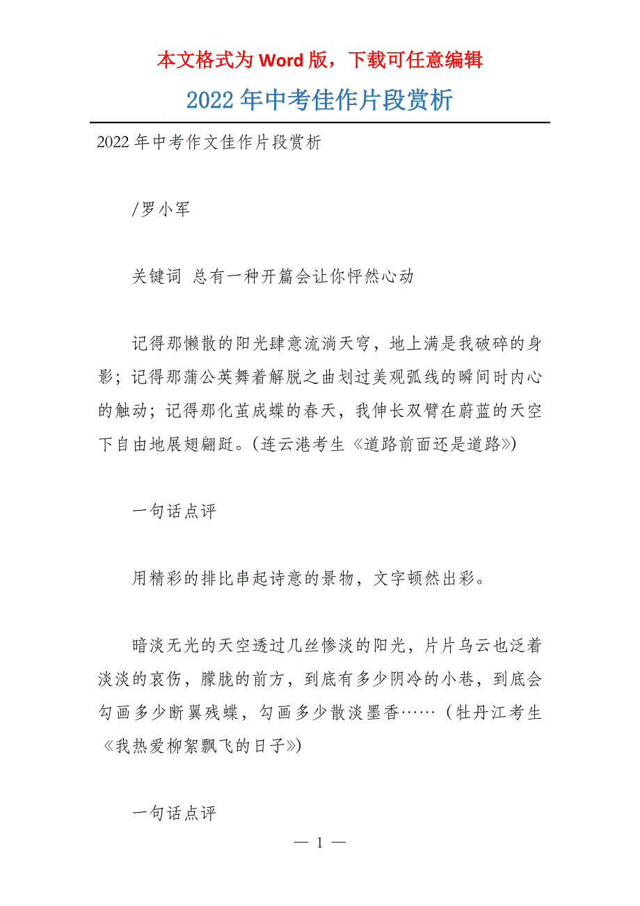 2022年中考佳作片段赏析_第1页