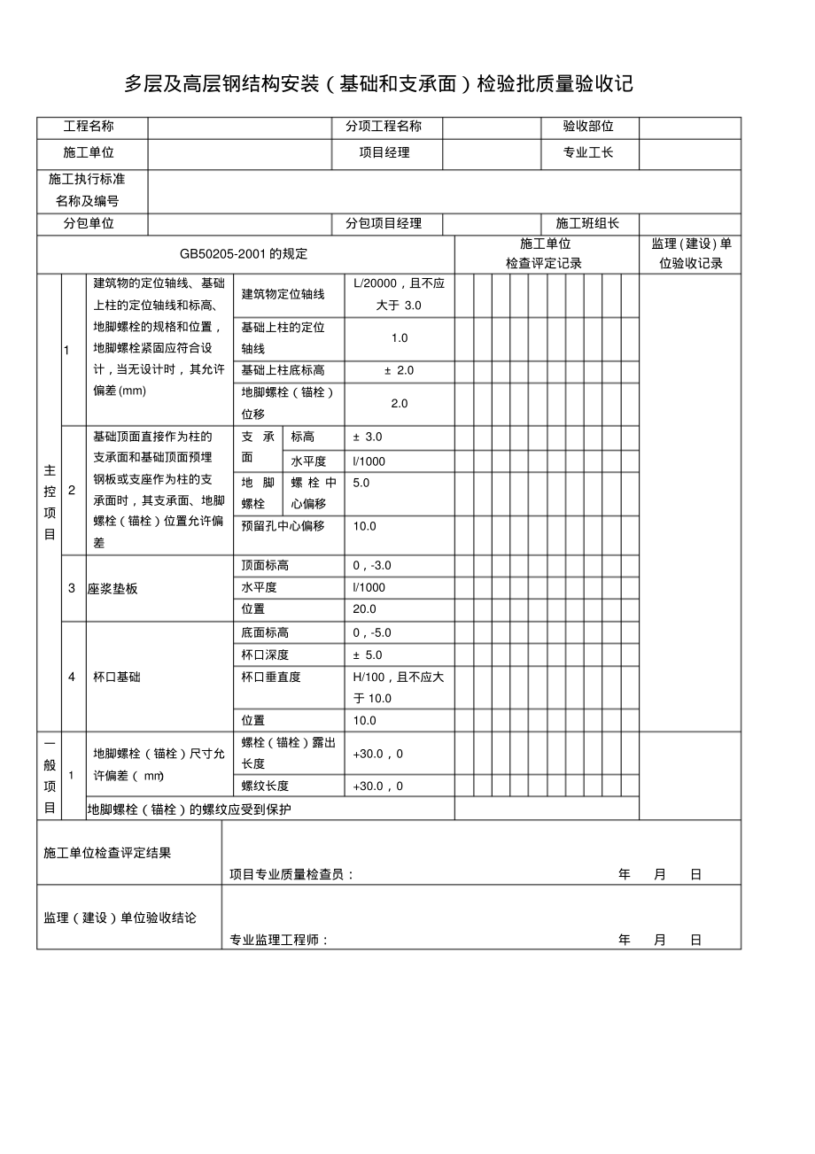 多层及高层钢结构安装(基础和支承面)检验批质量验收记_第1页