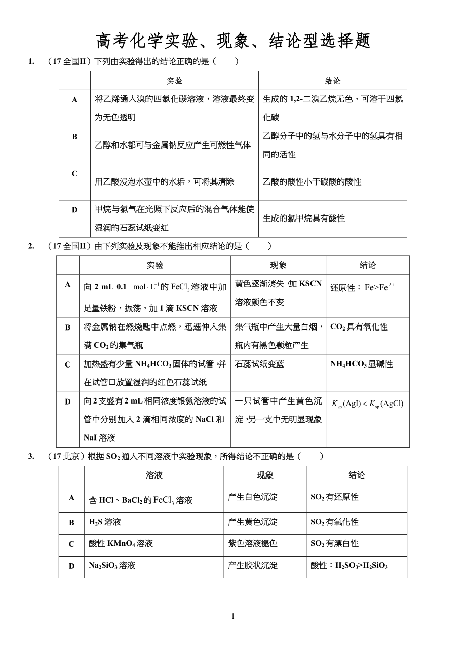 高考化学实验现象结论型选择习题_第1页