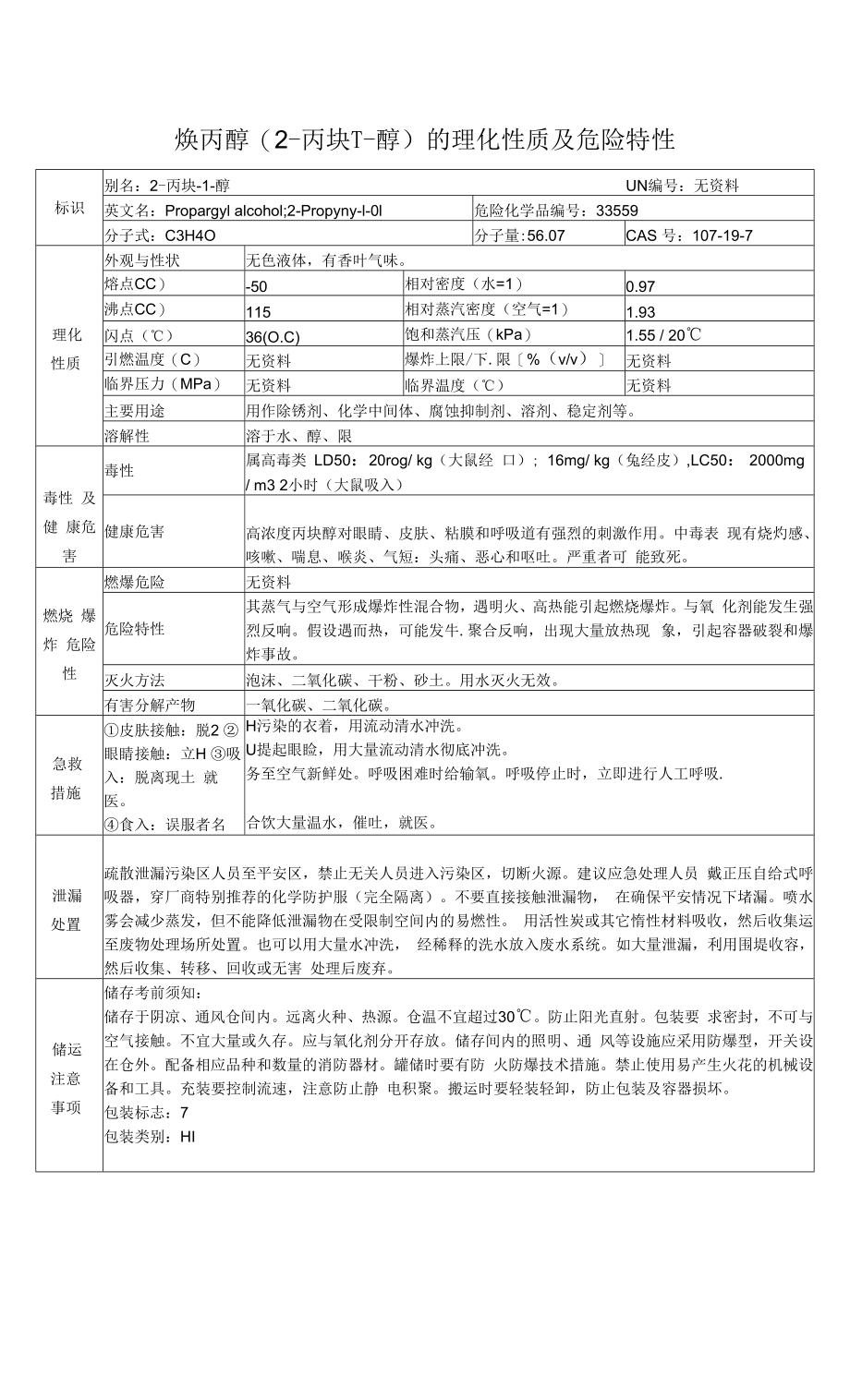 炔丙醇(2-丙炔-1-醇)的理化性质及危险特性表_第1页