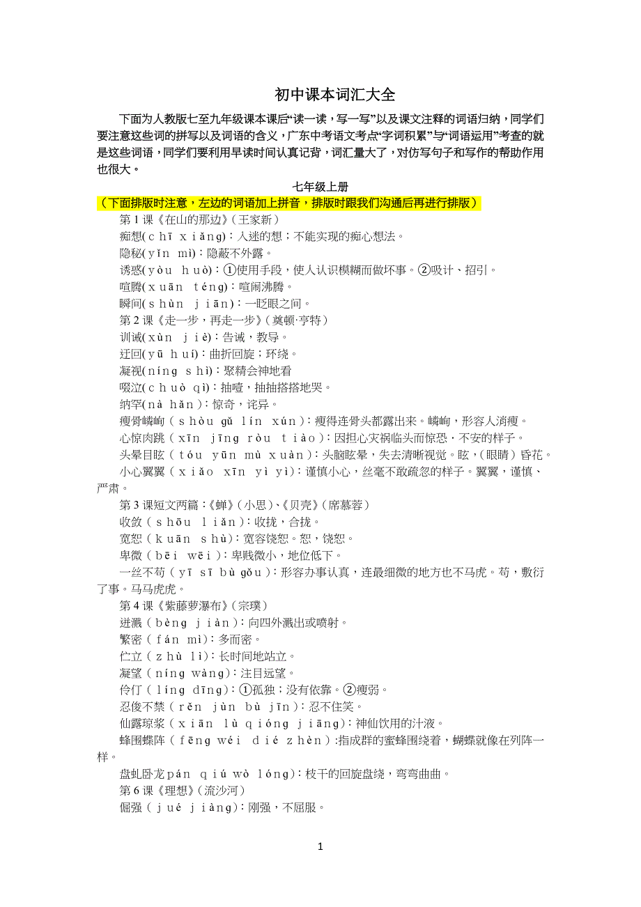 重点初中课本词汇大全(含注音)_第1页