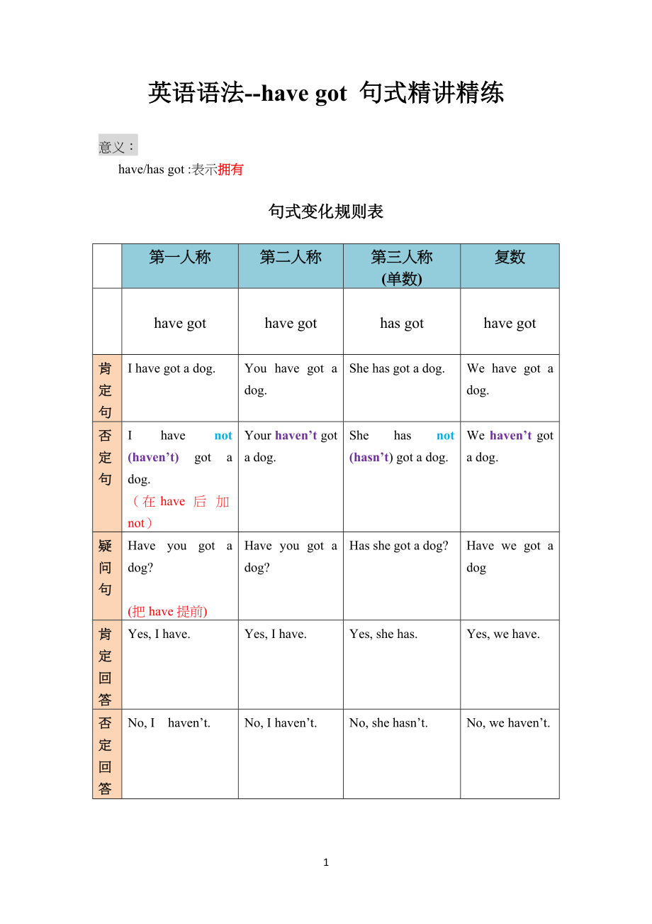 重点初中语法--have got 精讲精练_第1页