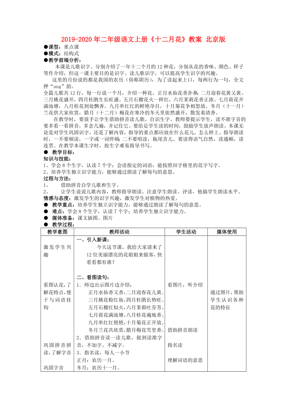 2019-2020年二年级语文上册《十二月花》教案-北京版_第1页