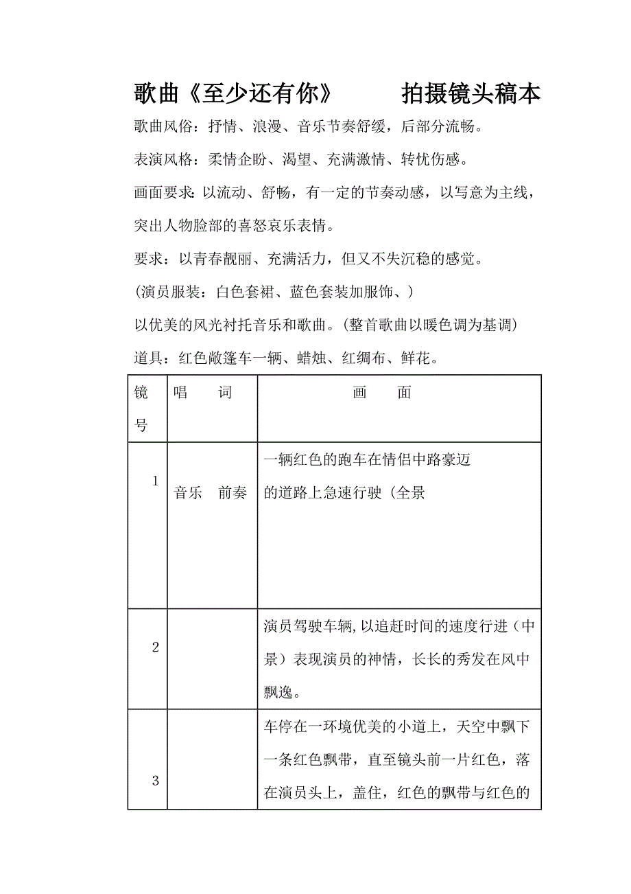 歌曲《至少还有你》___拍摄镜头稿本_第1页