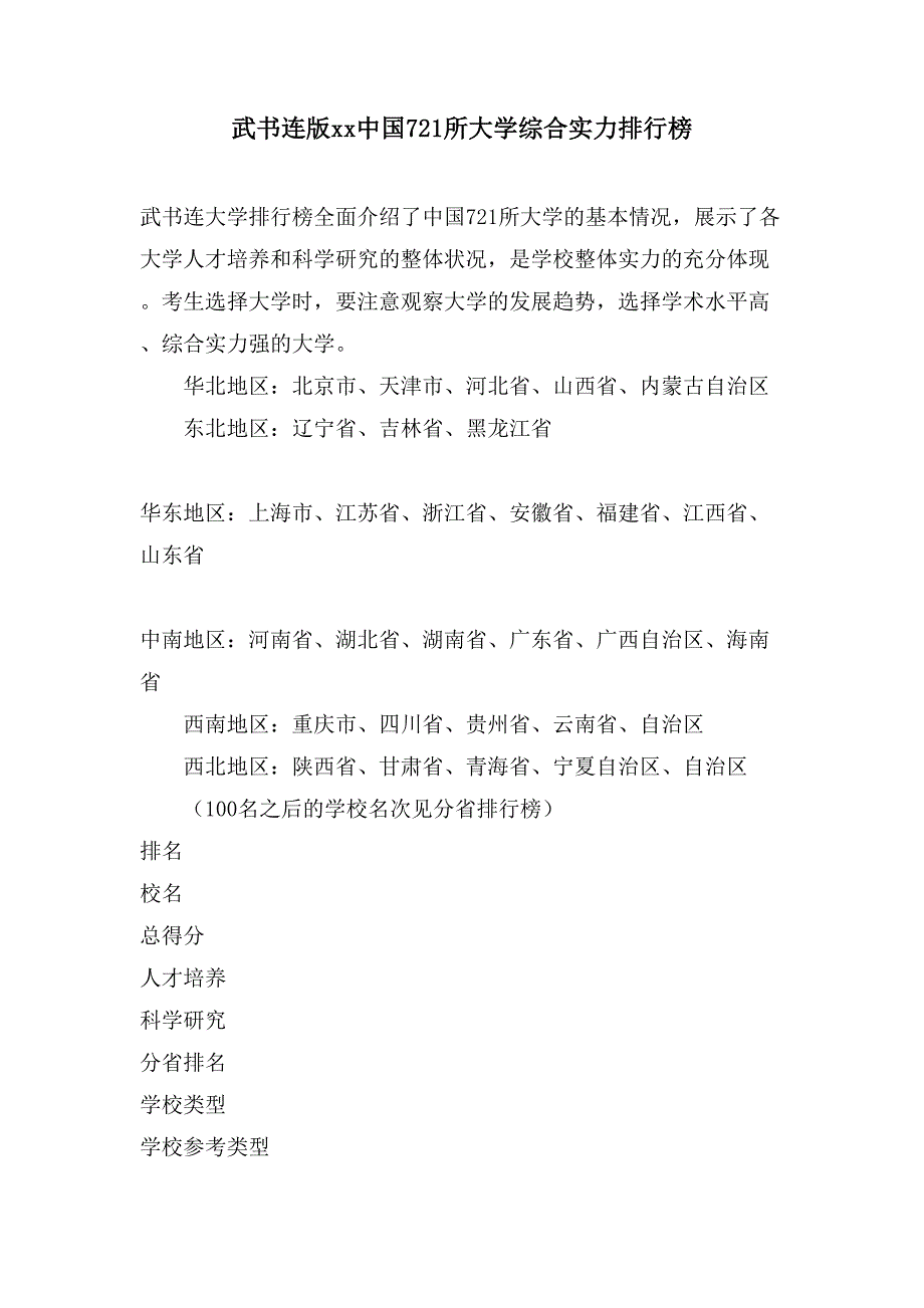 武书连版xx中国721所大学综合实力排行榜_第1页